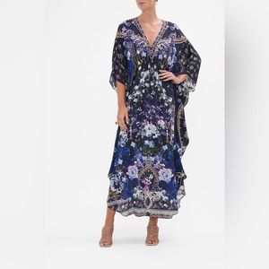 Camilla Gathered Waist Kaftan In Obsidian Bloom 100% Silk NWT O/S